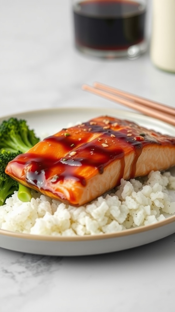 A plate of grilled salmon with teriyaki sauce served with rice and broccoli.