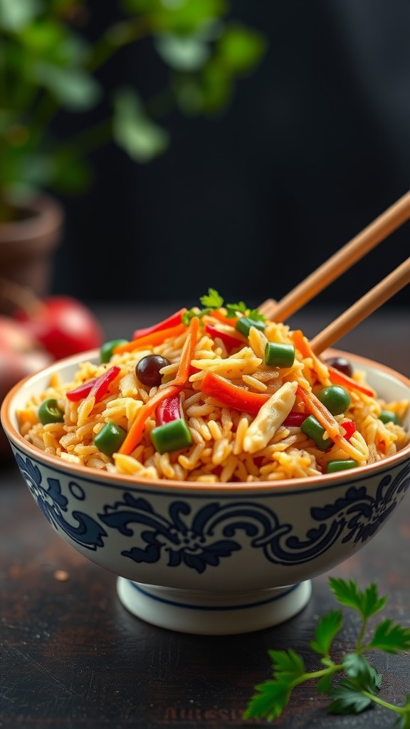 A bowl of colorful vegetable fried rice garnished with greens and chopsticks.