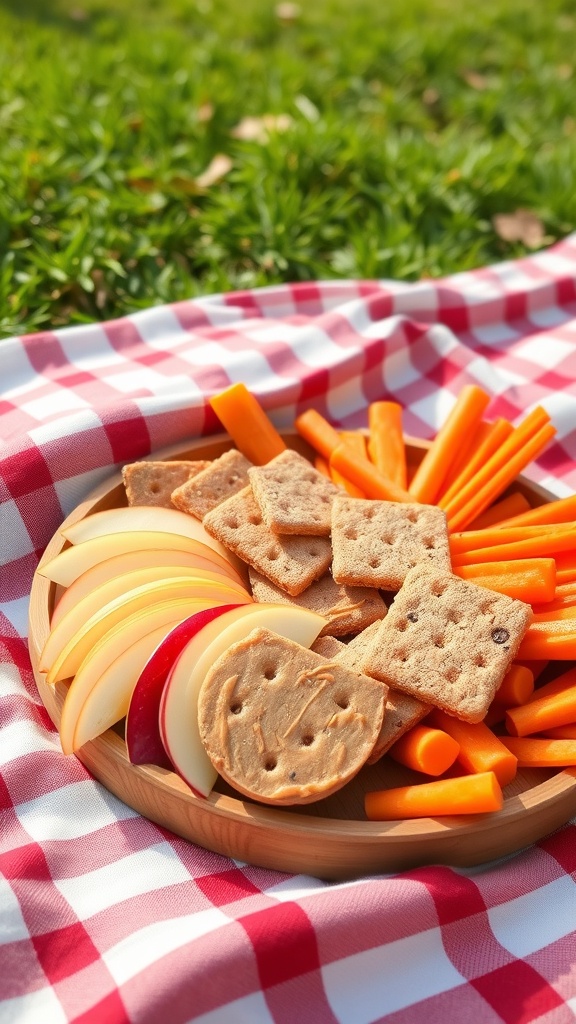 A colorful plate with apple slices, carrot sticks, and whole grain crackers on a picnic blanket.