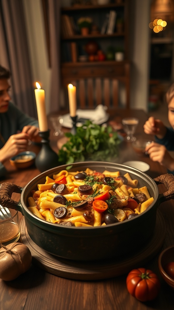 A cozy dinner table with a pot of pasta, candles, and family members enjoying a meal together.
