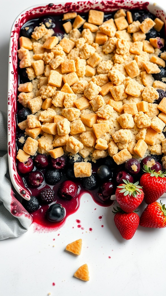 A delicious berry crumble topped with a golden crumbly layer, surrounded by fresh strawberries.