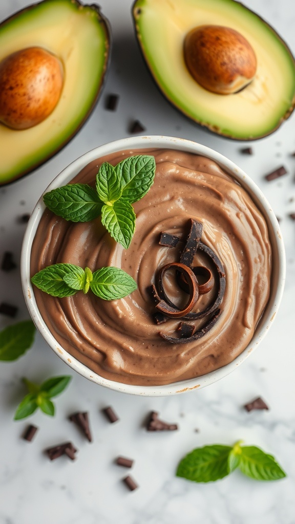 A bowl of creamy chocolate avocado pudding garnished with mint leaves.