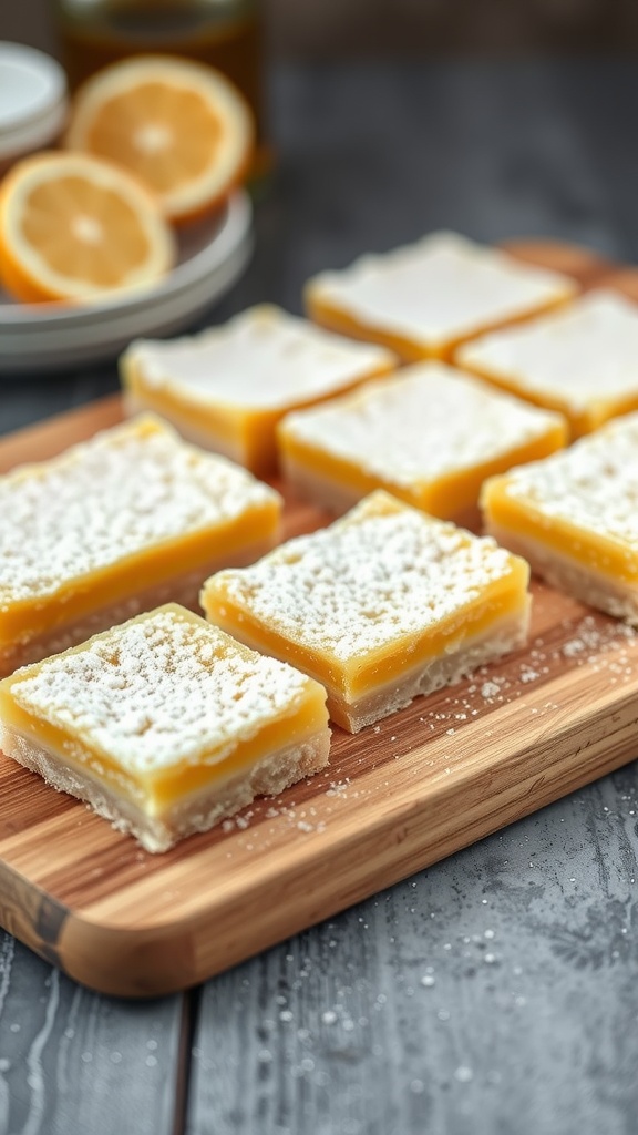 Delicious lemon bars cut into squares on a wooden board, sprinkled with powdered sugar.