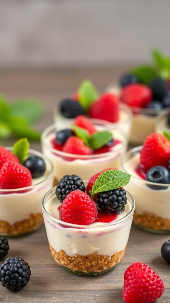 No-bake cheesecake cups with berries and mint garnish