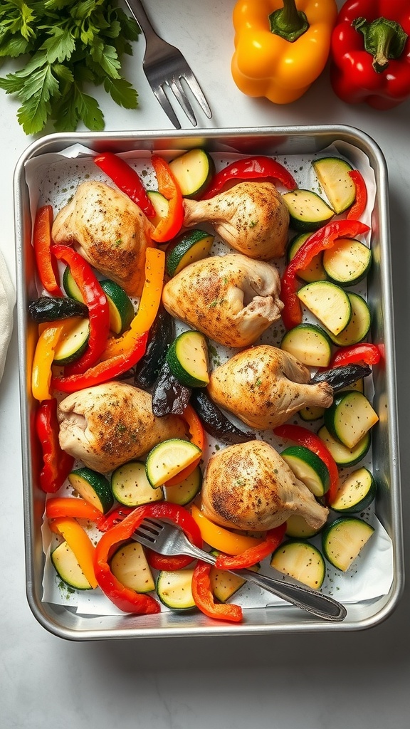 Sheet pan meal with chicken drumsticks and colorful vegetables