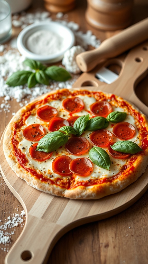 A delicious homemade pepperoni pizza topped with fresh basil on a wooden pizza peel.