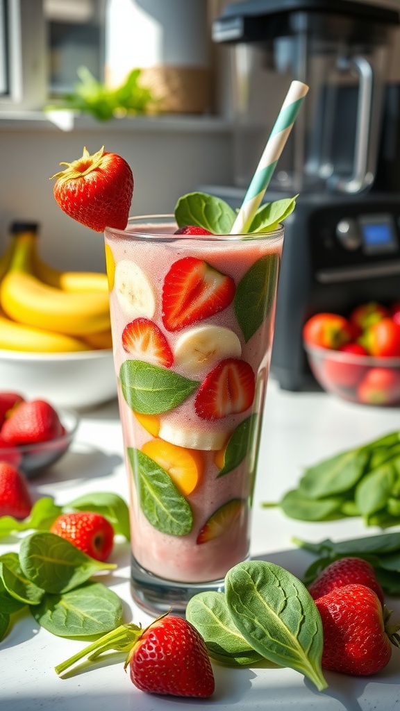A colorful smoothie made with strawberries, bananas, and spinach, served in a tall glass with a straw.