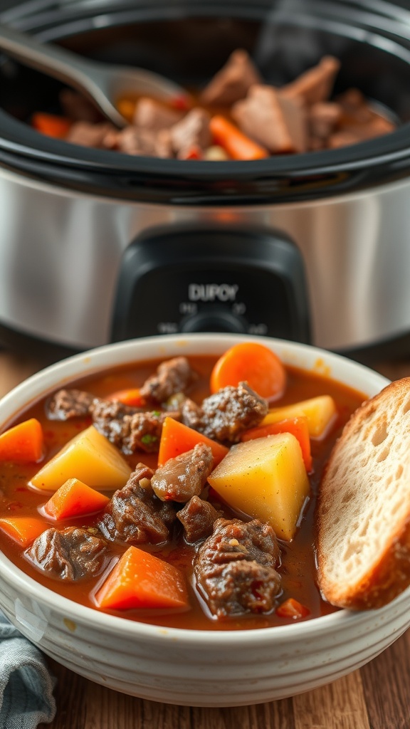 A bowl of hearty beef stew with carrots and potatoes, served with a slice of bread, next to a slow cooker.