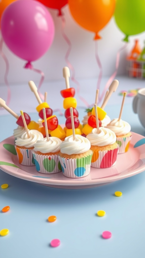 Colorful cupcakes with frosting and fruit skewers on a plate, surrounded by balloons.