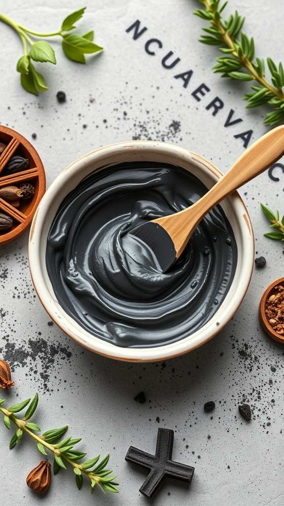 A bowl of activated charcoal clay mask with a wooden spatula, surrounded by natural herbs and spices.