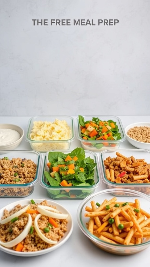 Colorful meal prep containers filled with grains, vegetables, and proteins.