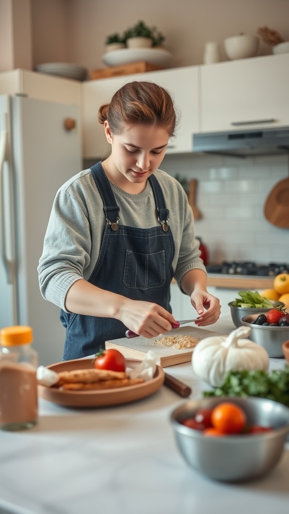 A person preparing ingredients in a kitchen for meal prep.