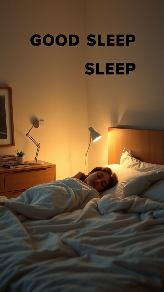 A person sleeping peacefully in a cozy bedroom with soft lighting.