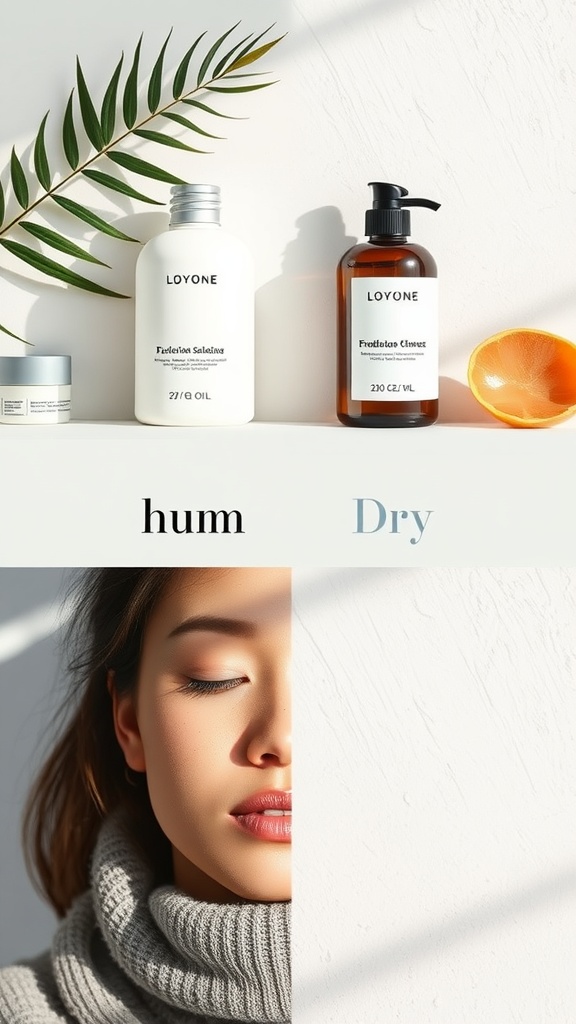 A skincare setup showing products for humid and dry conditions alongside a portrait of a woman with glowing skin