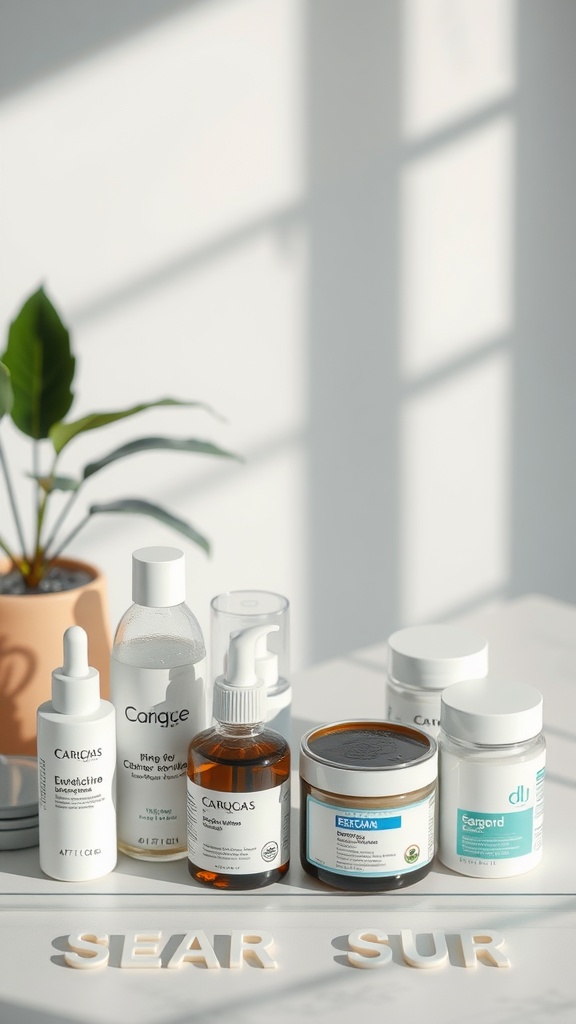 Various skincare products arranged on a light surface with a plant in the background.