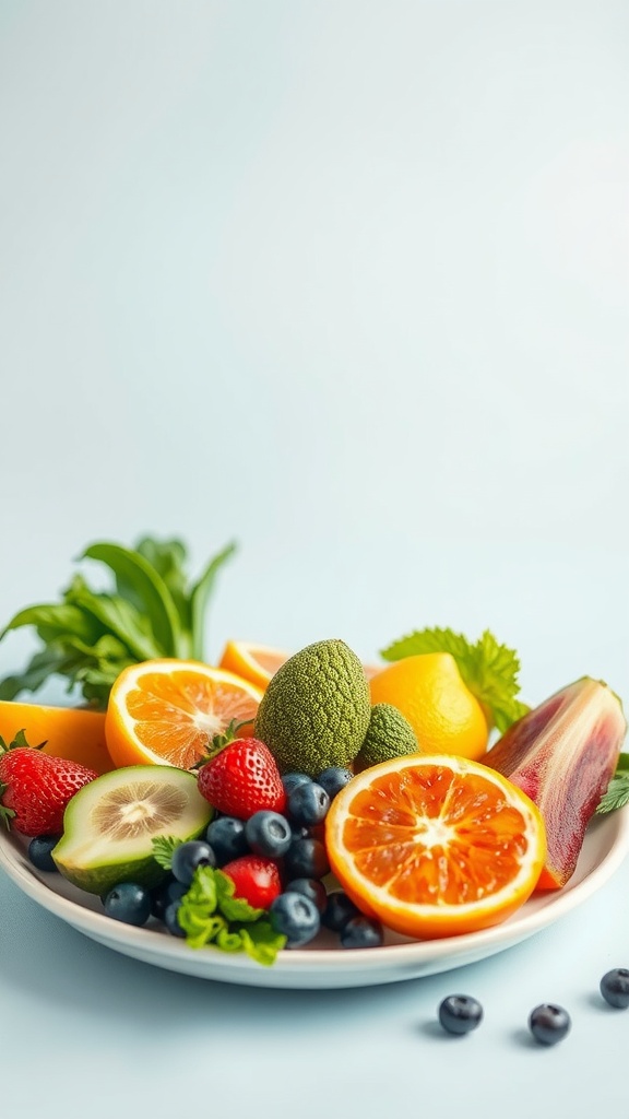 A plate of colorful fruits and vegetables including oranges, strawberries, blueberries, and greens.