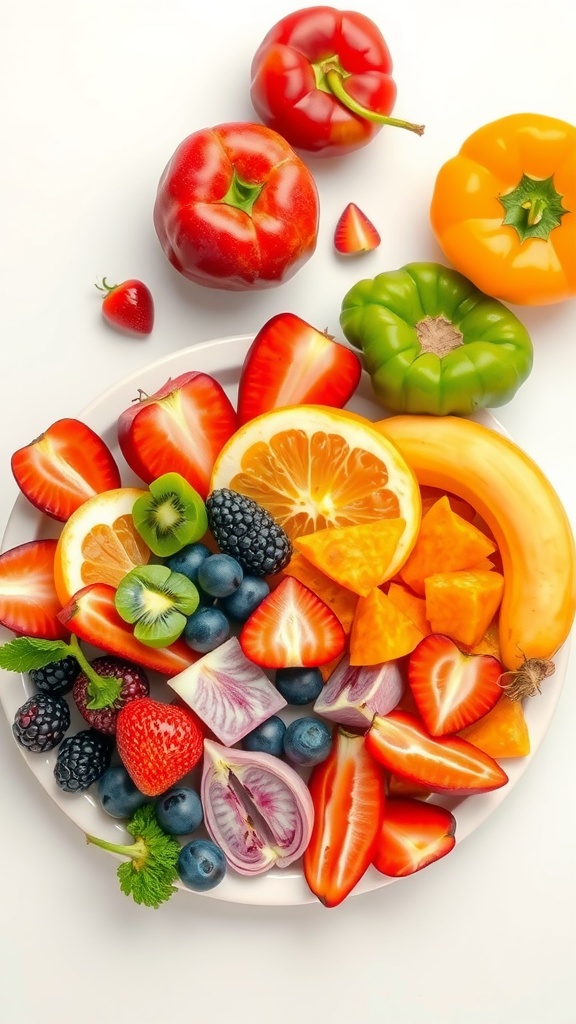 A vibrant plate filled with a variety of colorful fruits and vegetables, including strawberries, oranges, and bell peppers.