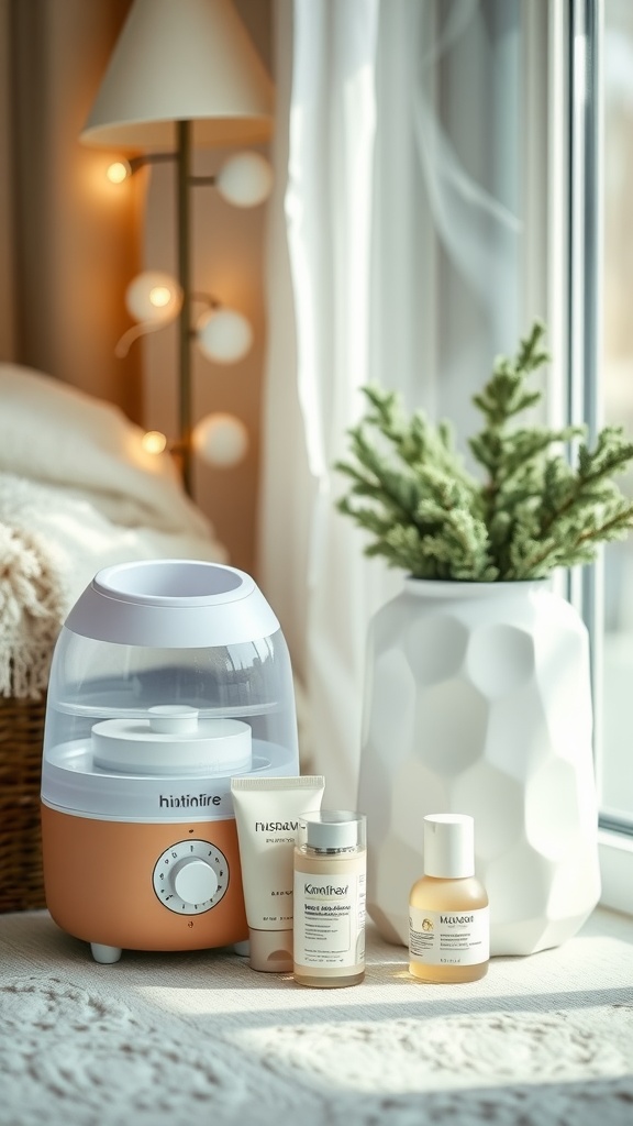 A cozy indoor setup featuring a humidifier, skincare products, and a small plant, perfect for winter skincare.