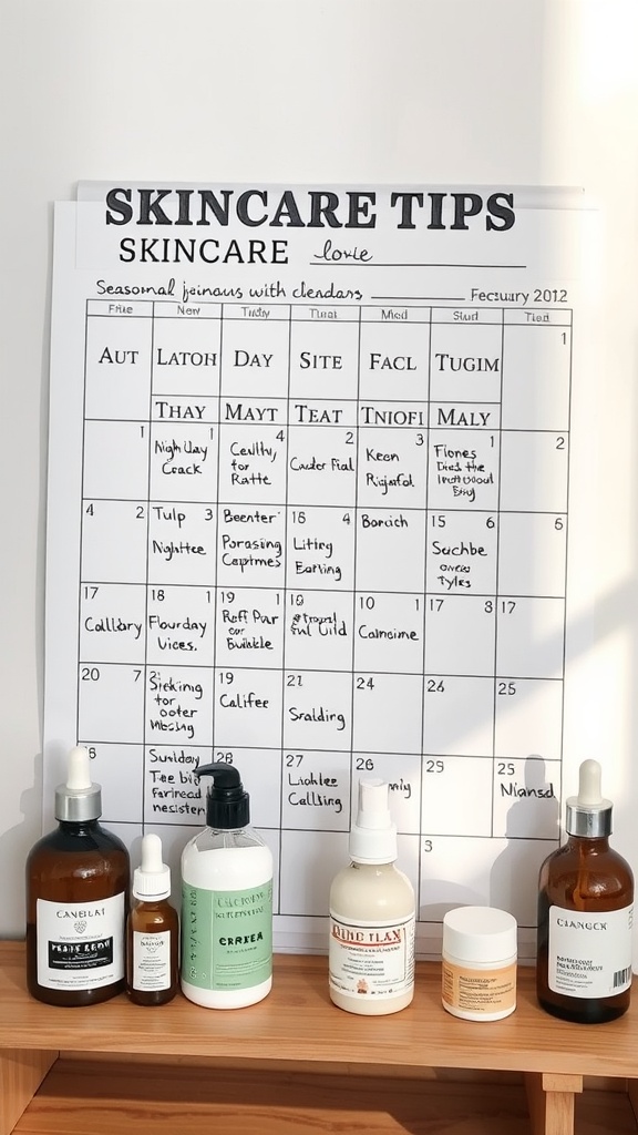 A calendar of skincare tips with various products displayed on a shelf
