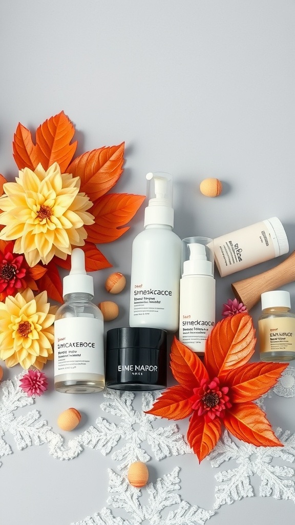 An assortment of skincare products arranged with autumn leaves and flowers.