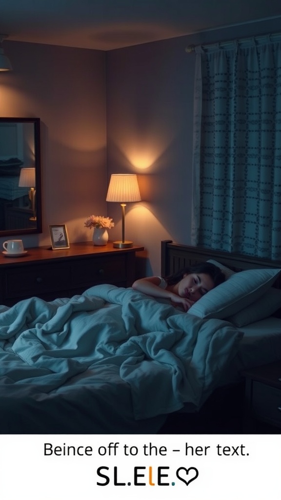 A cozy bedroom at night, with a woman sleeping peacefully under soft covers, exemplifying a calming sleep environment.