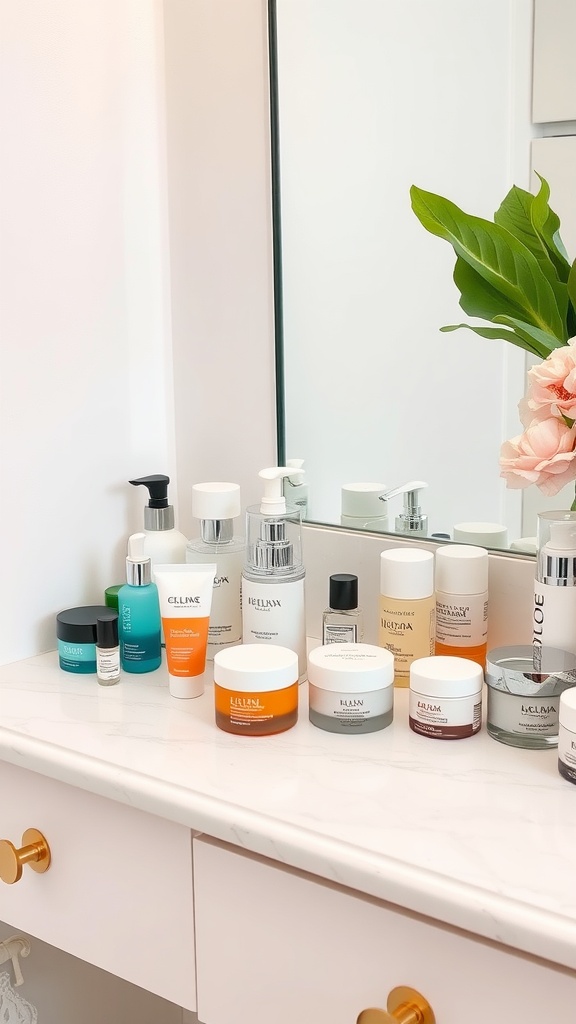 A collection of skincare products neatly arranged on a bathroom counter, showcasing cleansers, serums, and moisturizers.