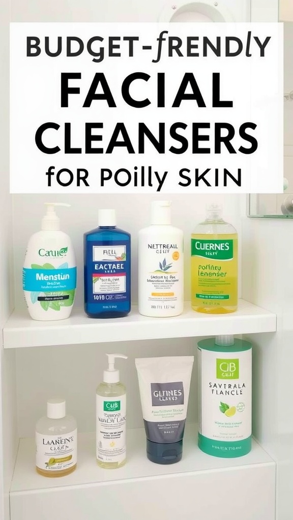 A selection of budget-friendly facial cleansers for oily skin, displayed on a shelf.