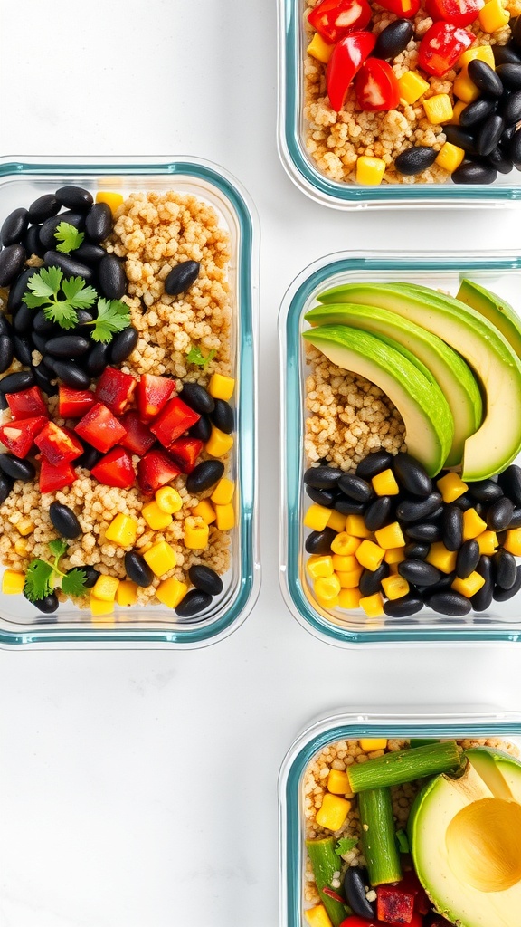 Colorful grain bowls with quinoa, black beans, corn, red bell pepper, and avocado in meal prep containers.