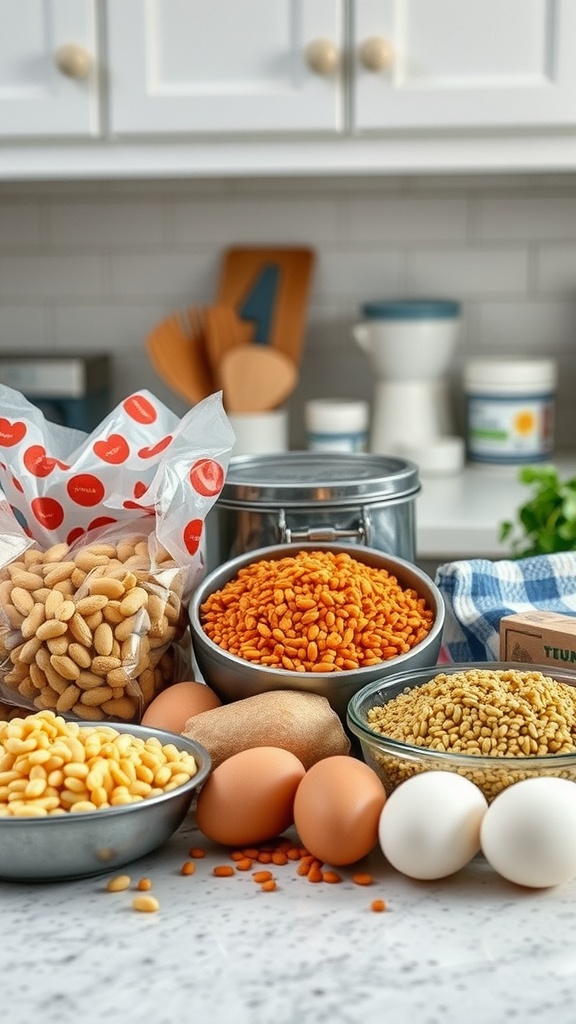 A variety of affordable protein sources including lentils, beans, and eggs on a kitchen counter.