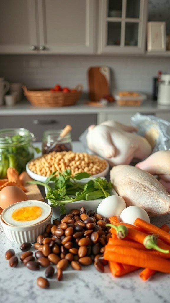 A variety of affordable protein sources including chicken, eggs, beans, and vegetables laid out on a kitchen counter.