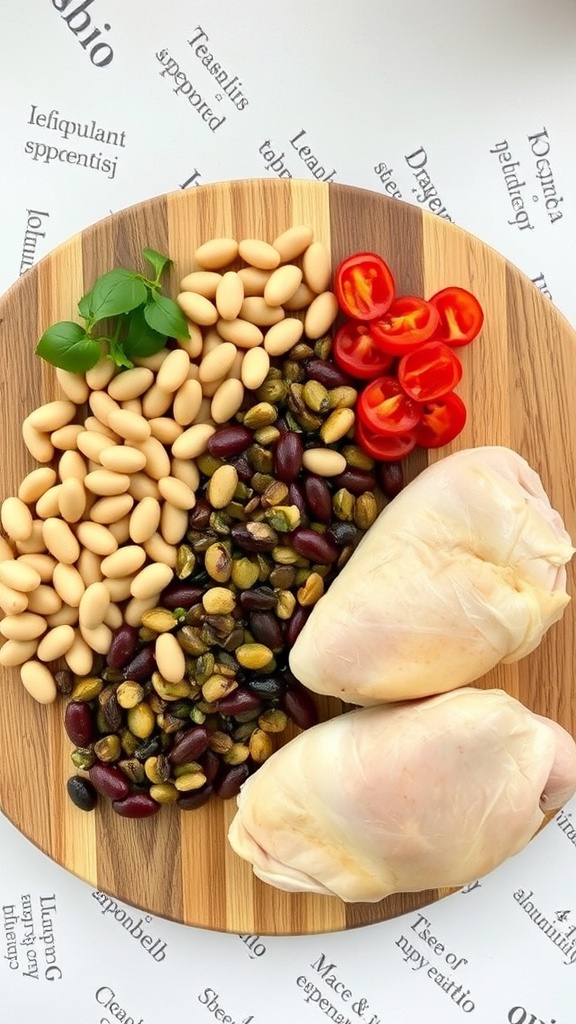 A wooden platter with chicken breasts, various beans, cherry tomatoes, and pistachios, showcasing affordable protein sources for meal prep.