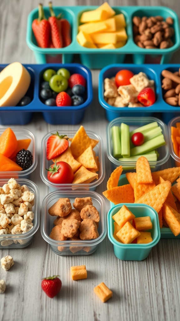 Colorful snack containers filled with fruits, vegetables, and treats for kids.