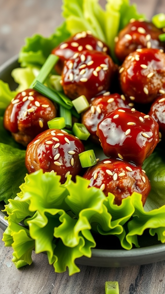Plate of Asian-style meatballs garnished with green onions and sesame seeds