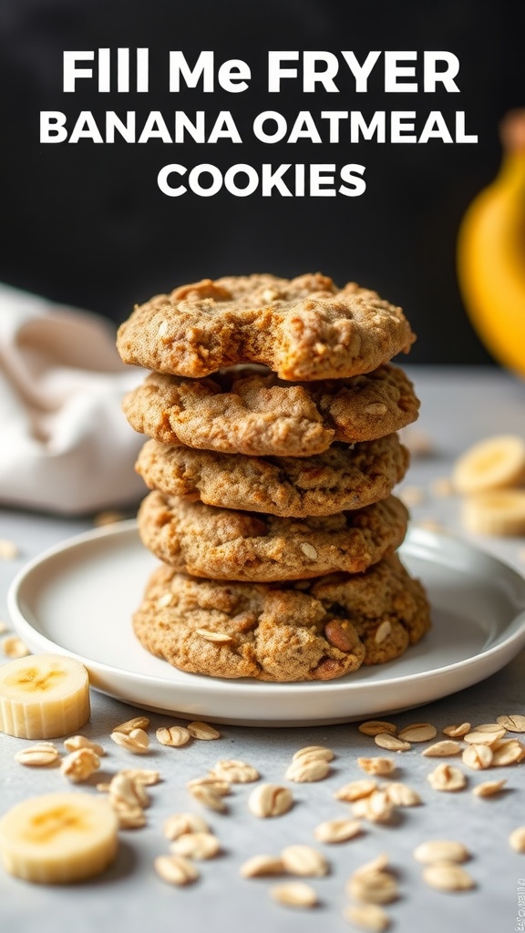 A stack of banana oatmeal cookies on a plate with banana slices and oats scattered around.