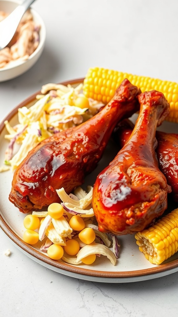 A plate of BBQ chicken drumsticks served with corn and coleslaw.