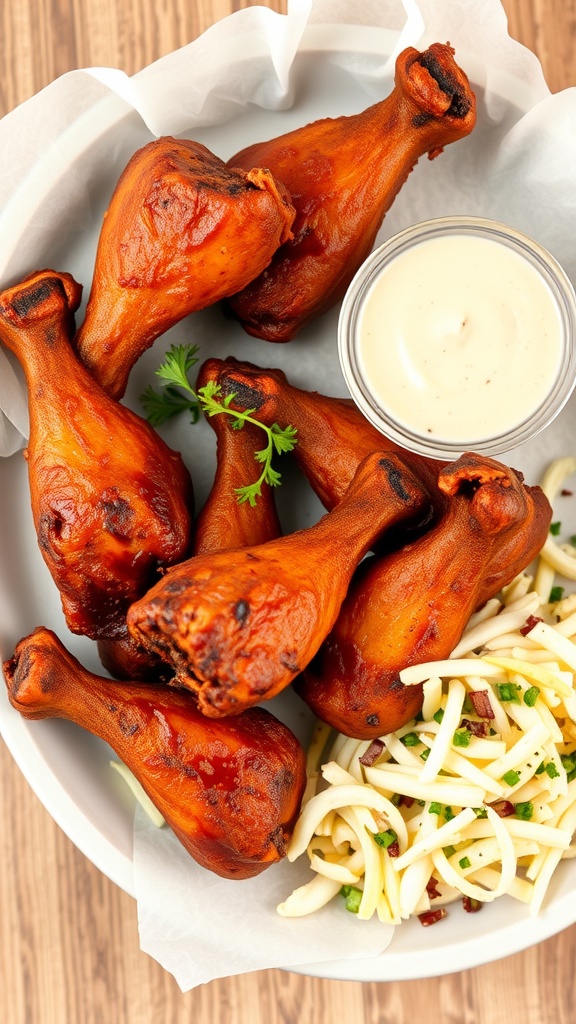 Air Fryer BBQ Chicken Drumsticks served with dipping sauce and side salad