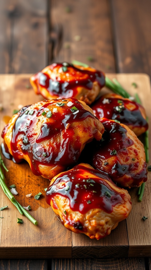 Air fryer cooked BBQ chicken thighs on a wooden board.