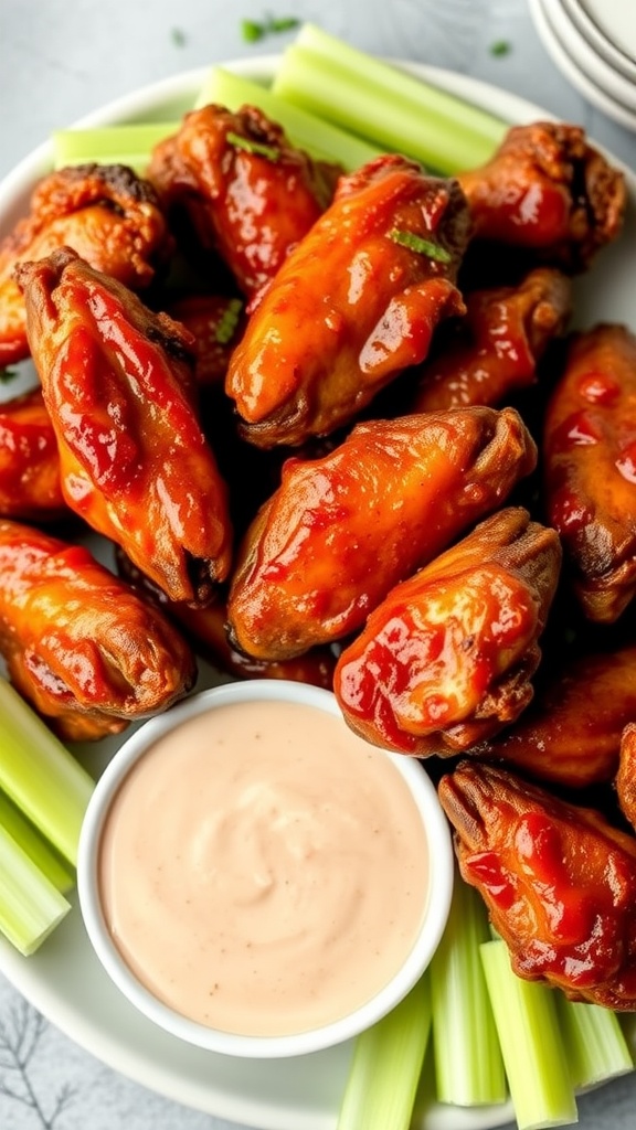 Delicious BBQ chicken wings served with celery sticks and dip