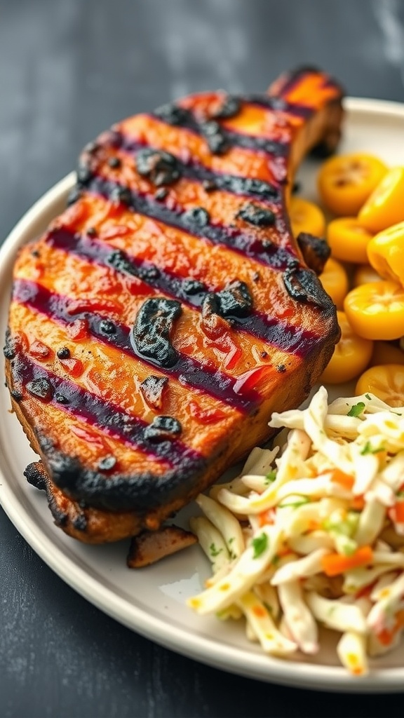 Air Fryer BBQ Pork Chops served with coleslaw and yellow vegetables.