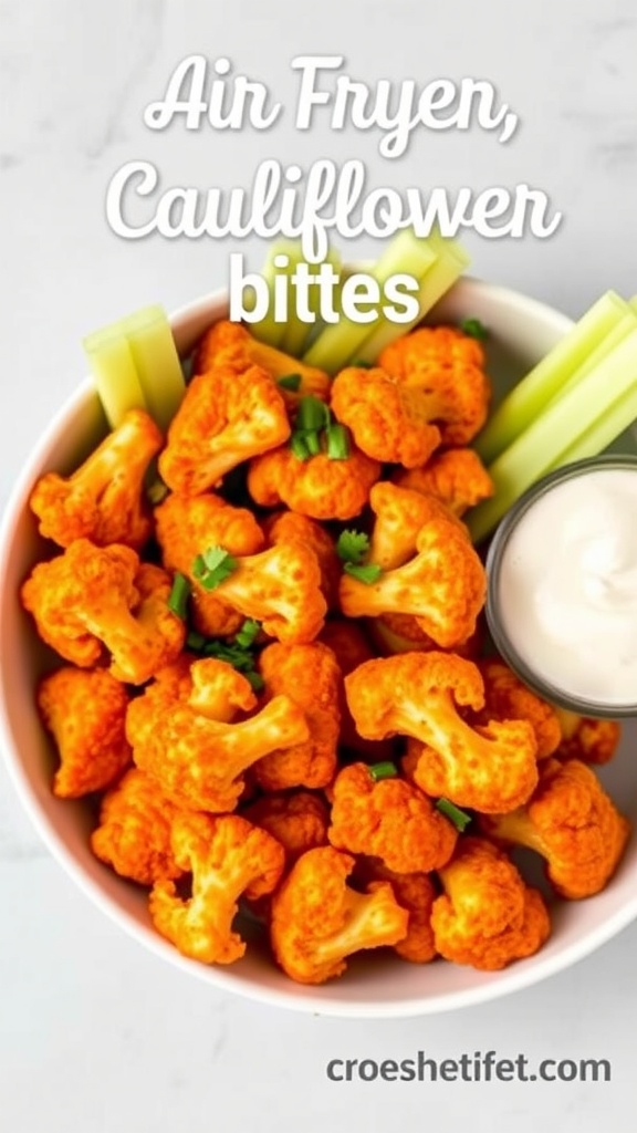 Plate of Air Fryer Buffalo Cauliflower Bites with celery and dipping sauce