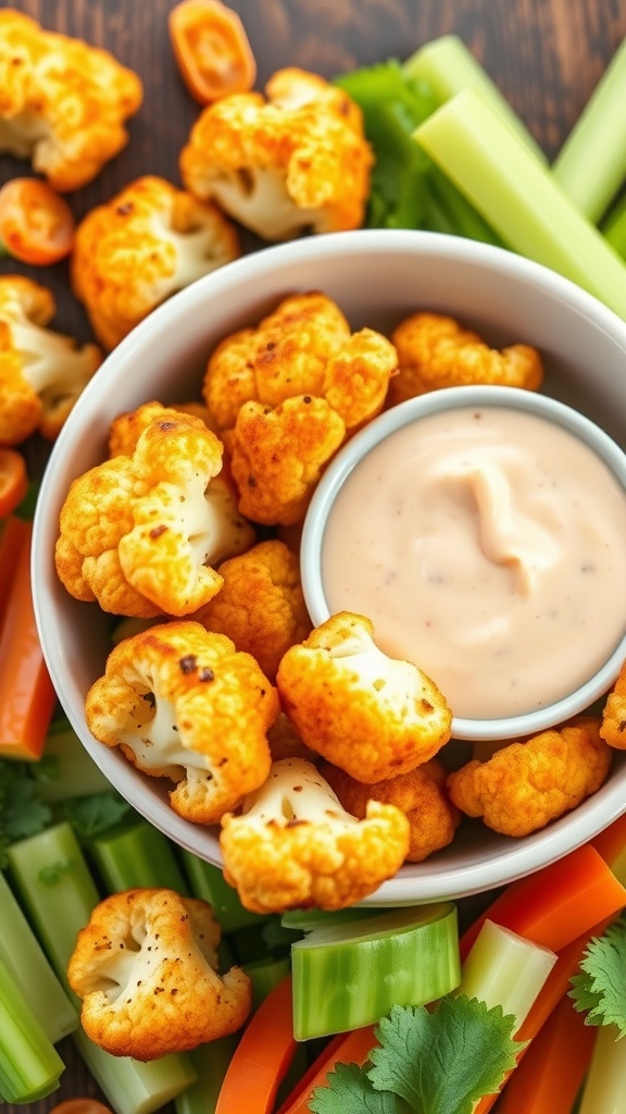Bowl of crispy cauliflower bites with dipping sauce, surrounded by fresh vegetables.