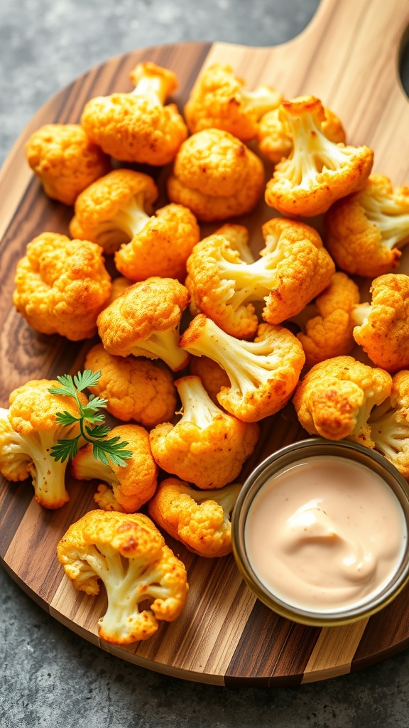Crispy air fryer cauliflower bites served with a dipping sauce.