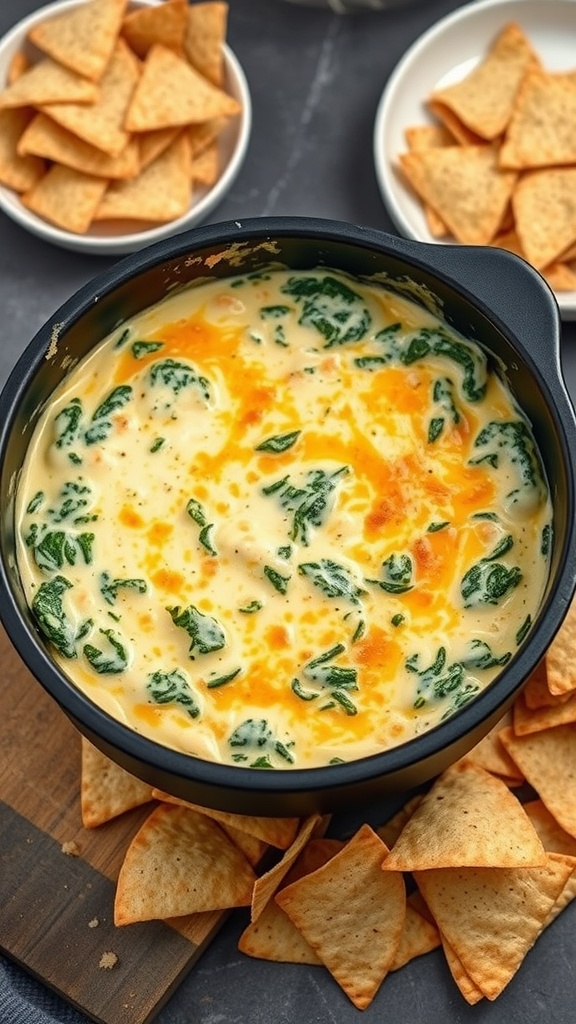 Delicious and creamy spinach dip served with chips.