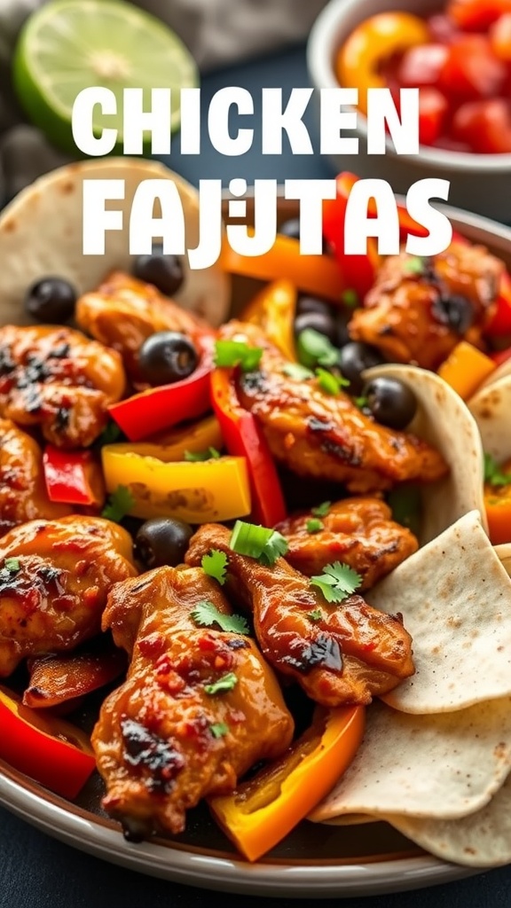 Delicious air fryer chicken fajitas served with colorful bell peppers and tortillas.