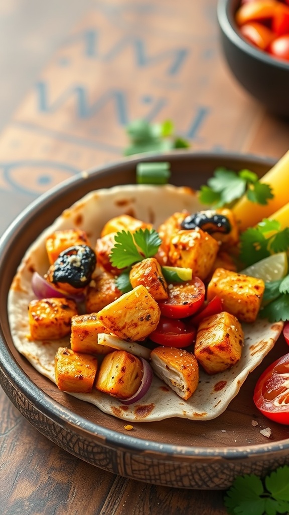 A plate of air fryer chicken fajitas served with colorful peppers and onions.