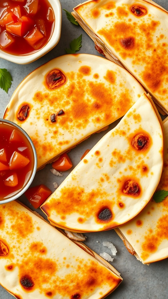 A plate of golden-brown chicken quesadillas served with salsa
