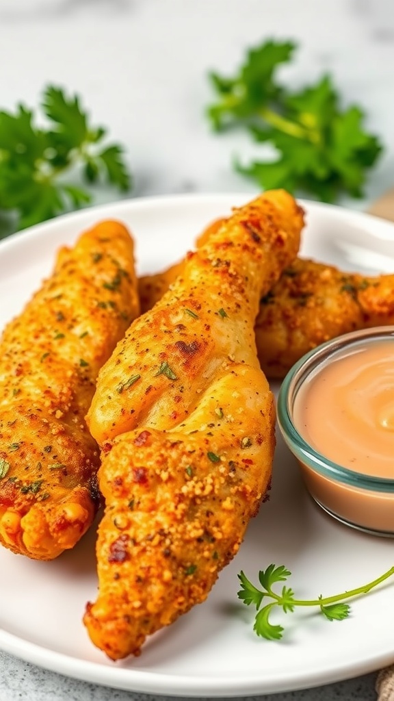 Plate of crispy air fryer chicken tenders with dipping sauce and herbs