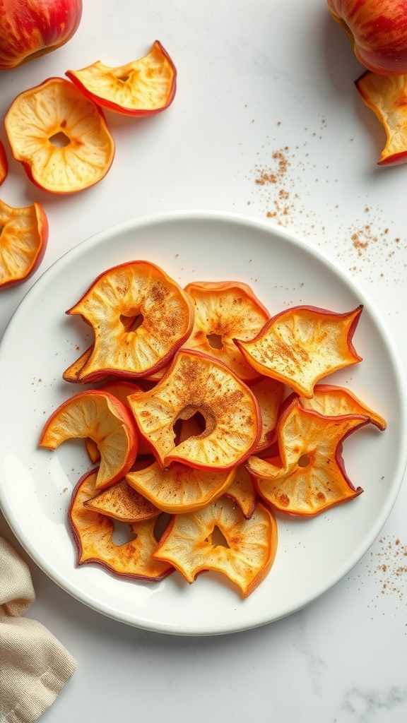 Plate of cinnamon apple chips with red apples in the background.