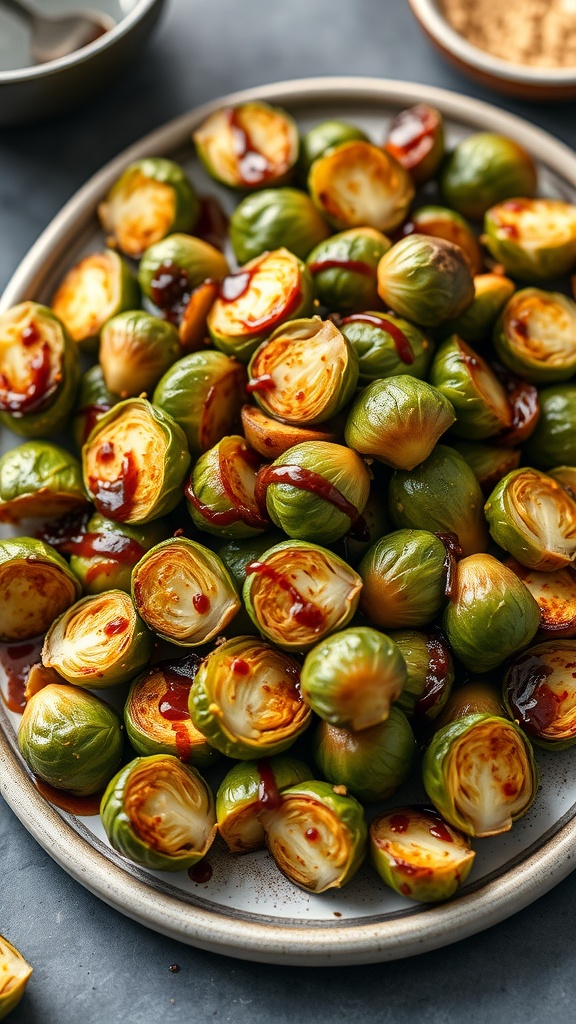 A plate of crispy Brussels sprouts drizzled with sauce.