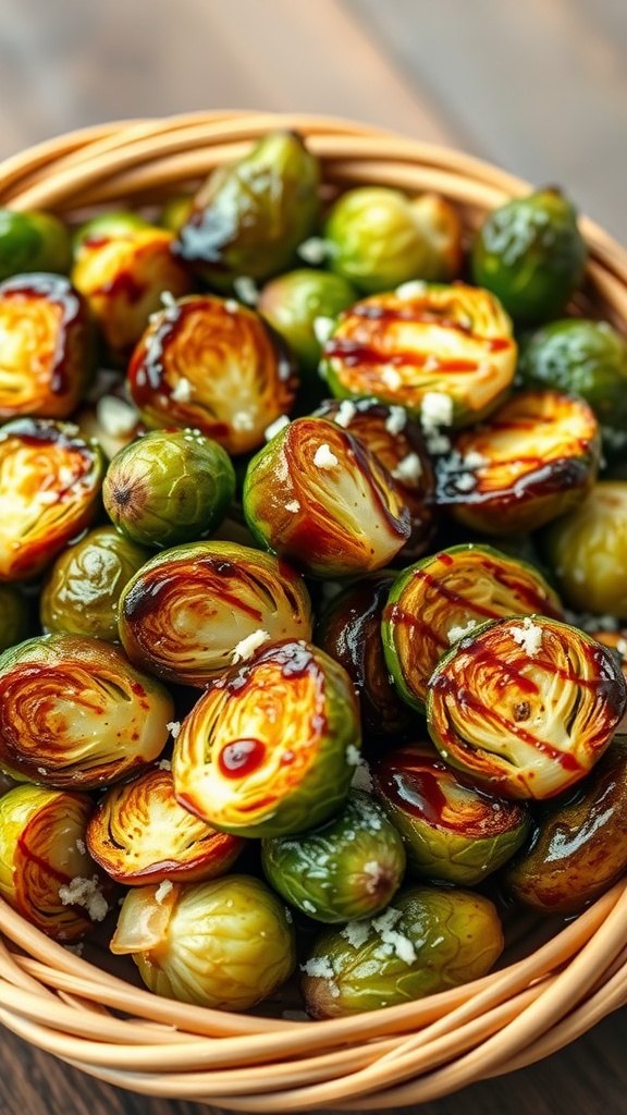 Air fryer crispy Brussels sprouts in a basket.